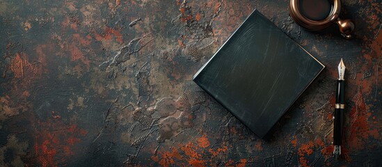 Aufkleber - A top down view of a black book on a dark rustic surface with a fountain pen an ink well and a blank space for text in the image. Creative banner. Copyspace image