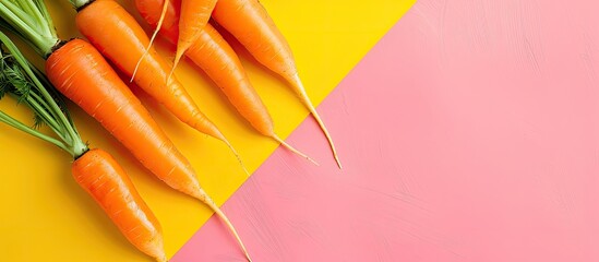 Poster - Colorful background with fresh carrots in a flat lay composition allowing for text in the copy space image