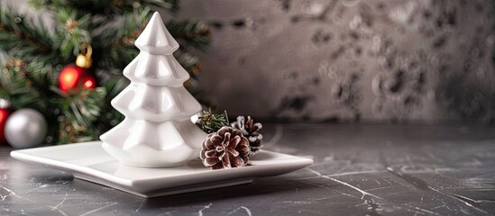 Poster - Christmas tree shaped white porcelain plate with copy space image