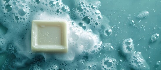 Aufkleber - Top view of a bar of white soap surrounded by bubbles on a soft blue surface with room for text or images. Creative banner. Copyspace image