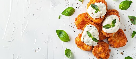 Aufkleber - Chicken nuggets topped with creamy white sauce and fresh basil leaves arranged neatly against a white backdrop providing ample copy space image