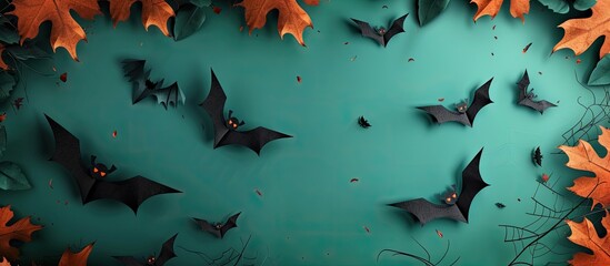 Poster - Top down view of a Halloween themed invitation card mockup featuring a paper spider bats and ample copy space