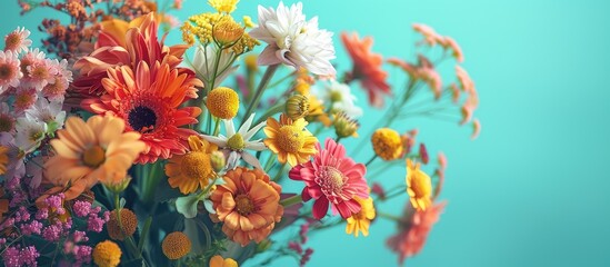Poster - Colorful flowers bouquet on a table with turquoise background and copy space image