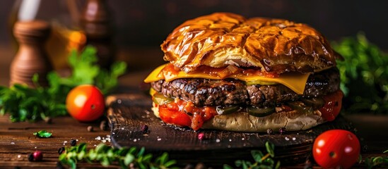 Poster - Burger wellington with marble beef cornichons tomato cheddar and dough presented in an American food concept setting with a background image and copy space