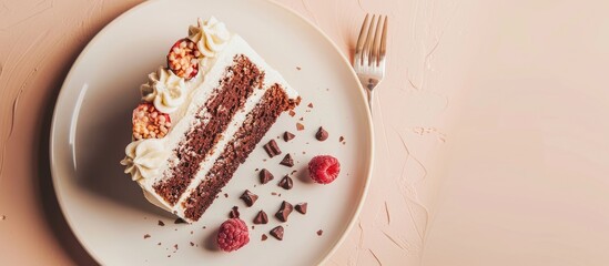 Aufkleber - Cake displayed on a plate over a beige backdrop with space for adding images. Creative banner. Copyspace image