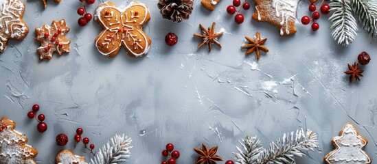 Poster - Christmas treats and decorations on a concrete background with gingerbread caramel and empty space for text or images. Creative banner. Copyspace image