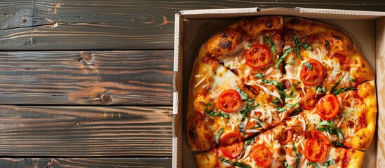 Poster - Chicken tomato pepper cheese and sauce pizza in a box viewed from above with a horizontal orientation and space for text or images. Creative banner. Copyspace image