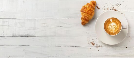 Poster - Copy space image of coffee and croissant arranged on a white wooden table