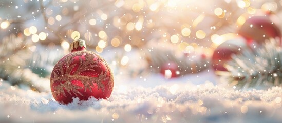 Poster - Create a festive greeting card with a beautifully blurred snowy background featuring a Christmas ball perfect for displaying text or another image. Creative banner. Copyspace image