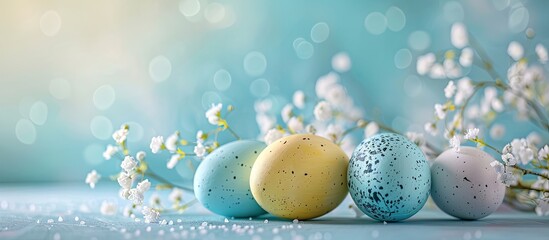 Fototapete - Colorful Easter eggs with gypsophila on a table creating a cheerful Easter themed image including copy space