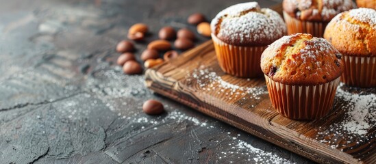 Poster - Artificial stone kitchen cutting board with muffins perfect for displaying in a copy space image