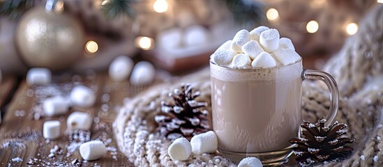 Aufkleber - Cozy Christmas and New Year ambiance with a hot chocolate drink topped with marshmallows presented in a glass mug on a wooden table with winter decor Ideal for a copy space image