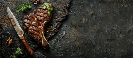 Aufkleber - Cowboy steak grilled to perfection on a knife over a stone backdrop ideal for adding text in the copy space image