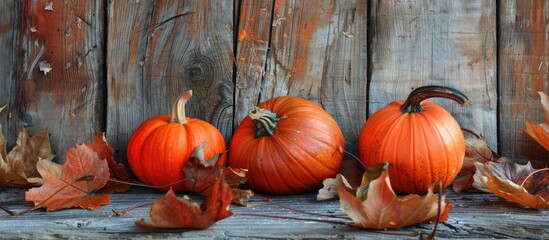 Sticker - Autumn themed composition with three pumpkins numerous dry leaves on a rustic wooden backdrop ideal for fall concepts featuring selective focus and room for text a perfect copy space image