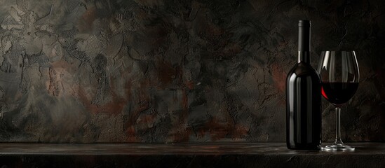 Poster - A dark bottle and glass of red dry wine placed on a table with space for text or graphics in the background. Creative banner. Copyspace image