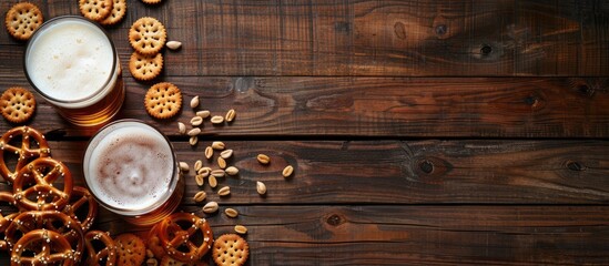 Poster - Flat lay composition of beer glass with pretzel crackers and snacks on wooden table with copy space image