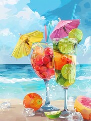 Aufkleber - Two tropical cocktails with fruit garnishes and cocktail umbrellas sit on a beach with the ocean in the background. Generative AI