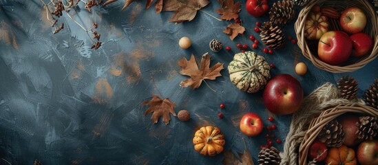 Fototapete - Autumn themed still life with seasonal ingredients beautifully arranged in a frame creating a captivating image with copy space