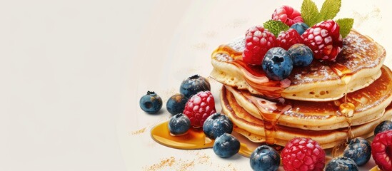 Poster - Delicious American pancakes adorned with raspberries blueberries and honey embodying a breakfast theme complemented by a copy space image