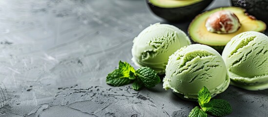 Poster - Avocado flavored ice cream ready to eat garnished with a mint leaf in a copy space image