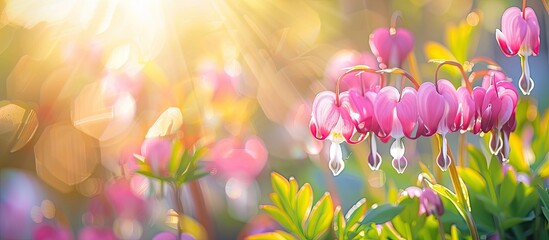 Sticker - Close up of Fringed Bleeding Heart flowers Dicentra eximia in a sunny garden with selective focus and copy space image