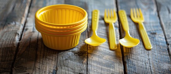 Poster - Disposable yellow plastic tableware displayed on a wooden surface with copy space image