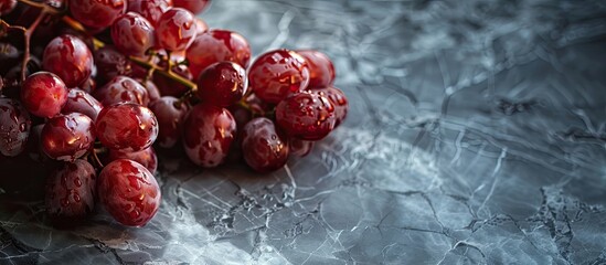 Sticker - A close up shot of fresh red grapes arranged on a marble table with selective focus creating a visually appealing copy space image