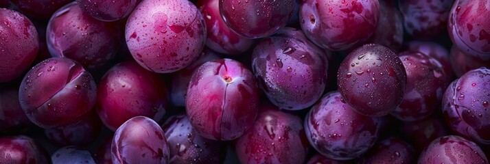 Wall Mural - Ripe, juicy sweet blue plum background or texture. Close-up, top view. Summer fruit, harvesting concept.