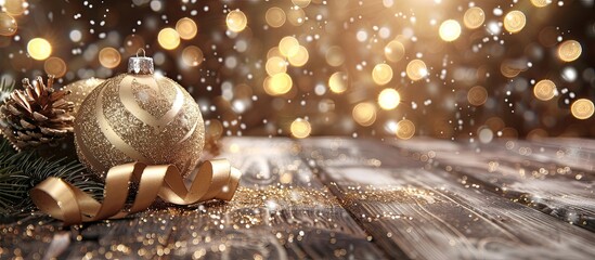 Poster - Christmas decorations on a wooden background with a golden ribbon glitter and copy space image
