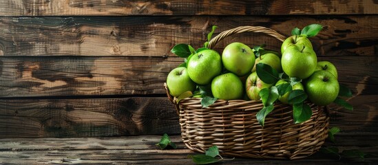 Aufkleber - A basket filled with fresh green apples from the garden is placed in front of a wooden wall providing ample copy space for your text