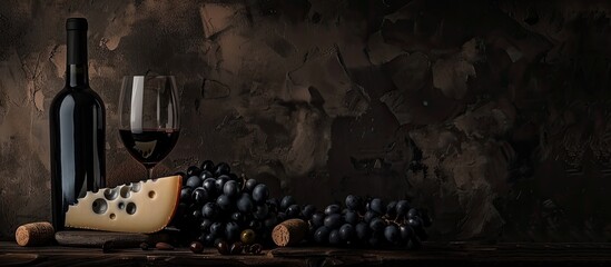 Aufkleber - Dark background showcasing a bottle of wine a wine glass Maasdam cheese and black grapes with copy space image
