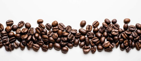 Poster - Close up of aromatic roasted coffee beans on white background frame with copy space image for text highlighting the texture and rich aroma