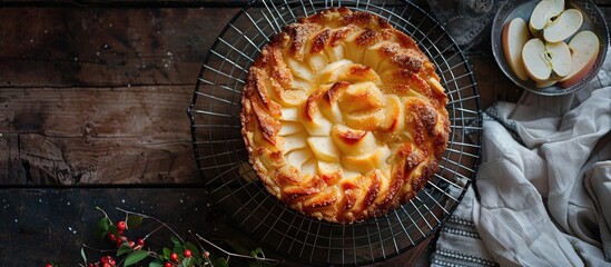 Poster - Top down view of an apple charlotte dessert on a wire rack with a sponge cake covering allowing for copy space image