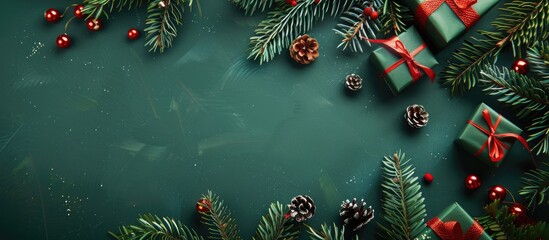 Poster - Christmas tree branches creatively arranged with gifts in a flat lay composition presenting a nature themed New Year concept with copy space image