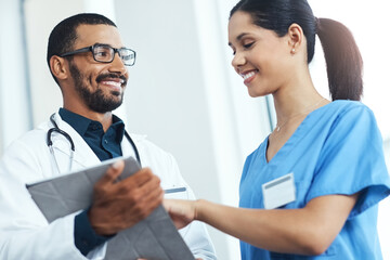 Aufkleber - Medical, smile or tablet with doctor and student in hospital for collaboration, diagnosis or discussion. Consulting, healthcare or info with medicine professional man and nurse in clinic for research