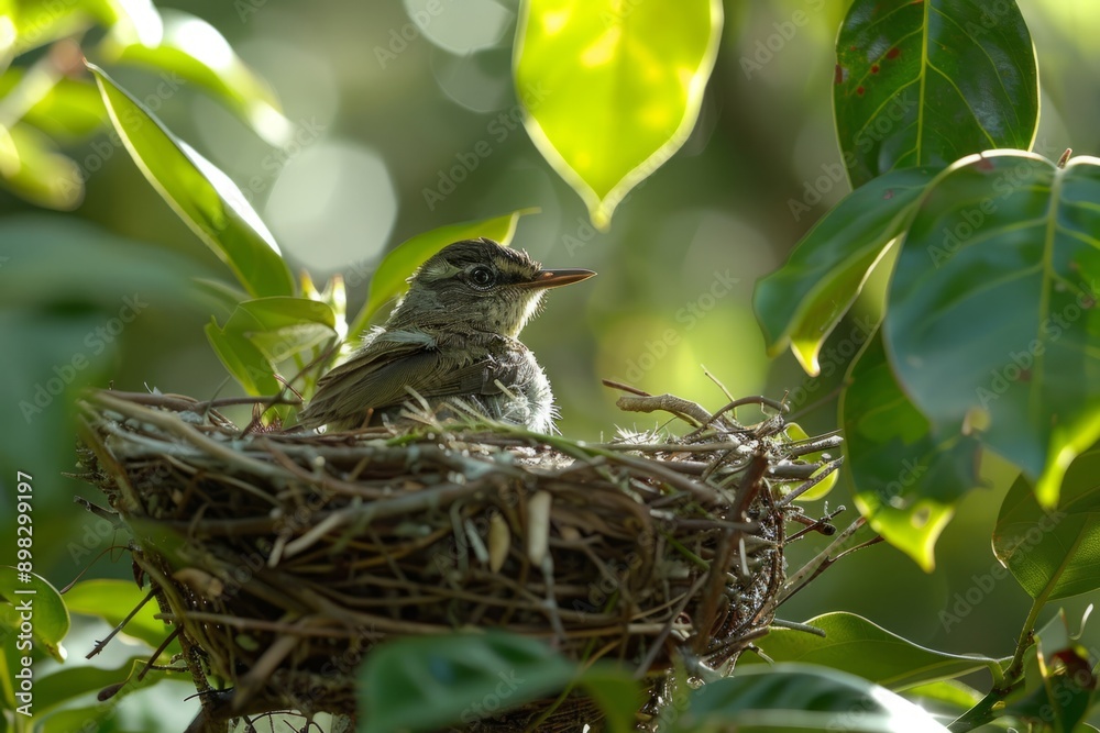 Bird in a nest on a tree branch