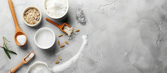 Poster - Cosmetic shop template with body scrub displayed in white dishes alongside a wooden spatula on a gray backdrop highlighting copy space image