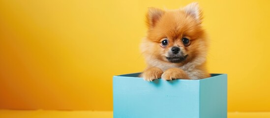 Poster - A charming Pomeranian puppy portrait gleefully seated in a blue gift box on a stylish yellow backdrop providing room for text through a copy space image