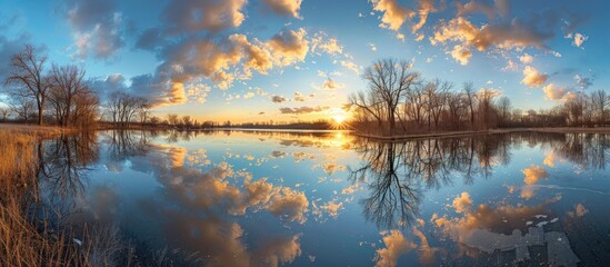 Aufkleber - Beautiful sunset by the serene lake with trees and clouds mirrored on the glassy water against a vivid blue sky ideal for a copy space image