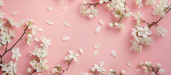 Poster - Top view flat lay of delicate white flowers on spring twigs against a pink backdrop Perfect for a greeting card or any design with copy space image