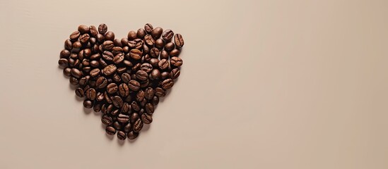 Poster - Coffee beans arranged in a heart shape displayed on a plain background providing ample copy space image