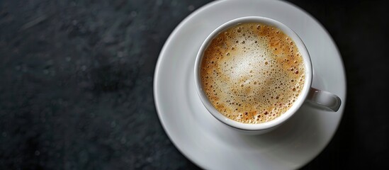 Leinwandbilder - Coffee cup with frothy foam on a white saucer displayed against a dark backdrop with copy space image