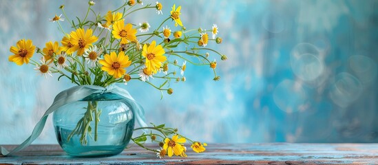 Poster - A dainty arrangement of vibrant yellow wildflowers in a clear blue vase with a matching ribbon set on a wooden surface against a blue background Copy space image