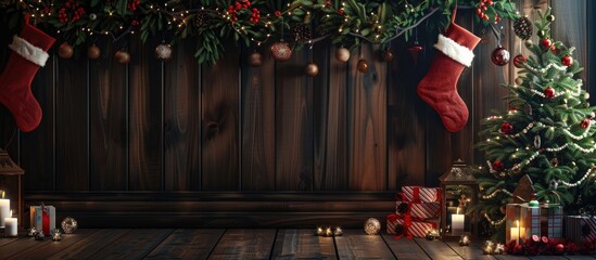Poster - Christmas themed interior with handmade decorations on a dark wooden backdrop ideal for a copy space image