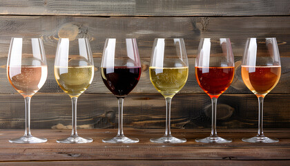 Wine tasting concept, still and sparkling wines. Red, white wine, rose and champagne in wine glasses on vintage wooden table background