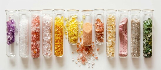 Poster - Different types of bath salts displayed in test tubes against a white backdrop perfect for beauty treatment with copy space image