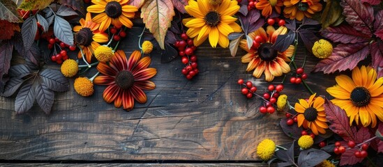 Poster - Arrangement of Rudbeckia and marigold heads on a wooden background creates a picturesque copy space image