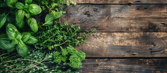 Aufkleber - Top down view of freshly picked garden herbs on a wooden surface with space for text or images. Creative banner. Copyspace image