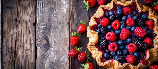 Poster - Delicious galette featuring a variety of fresh berries on a rustic table with a blank copy space image