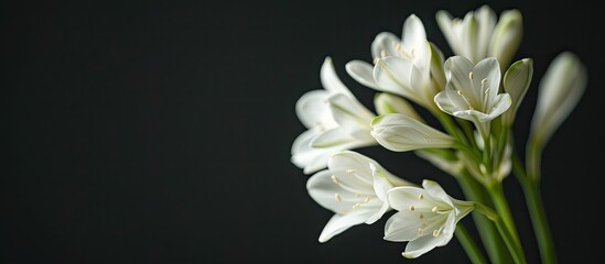 Fototapete - Close up of elegant white flowers with beautiful green stalks set against a dramatic black backdrop creating a stunning copy space image
